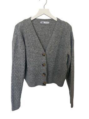 Zara Gray Button-Up Chevron Knit Cardigan Sweater